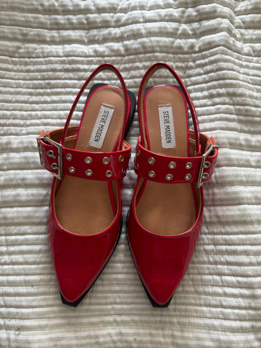 Steve Madden Red Patent Buckled Slingback Flats with Eyelet Detail